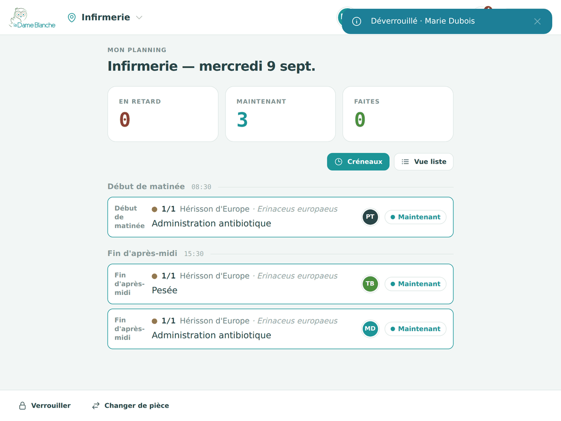 Planning du jour d'une pièce sur la tablette : tâches réparties par créneau