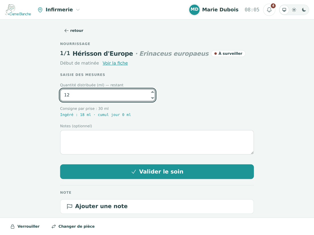 Saisie d'un nourrissage sur la tablette : consigne de 30 ml, restant 12 ml, ingéré calculé 18 ml