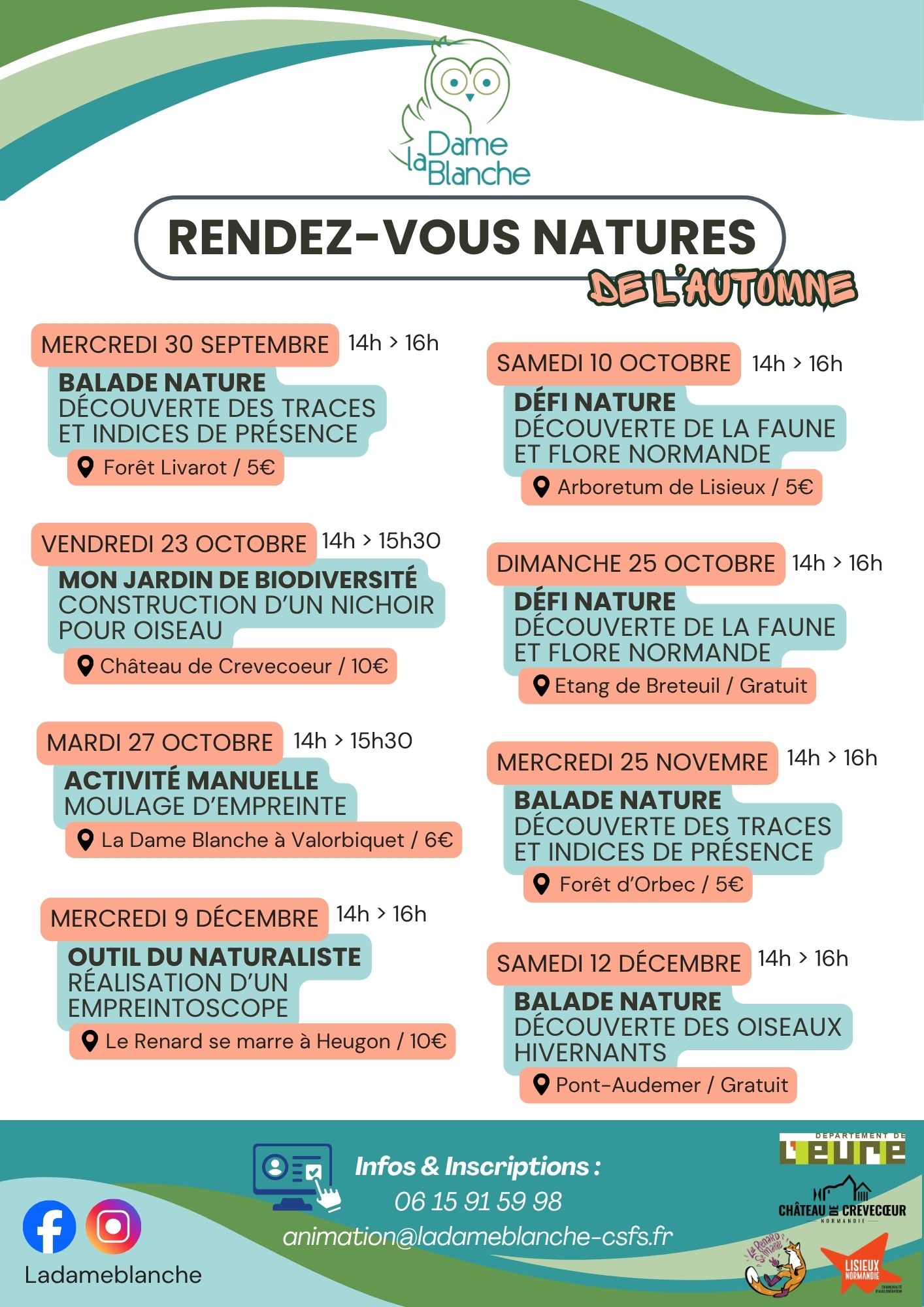 Affiche du programme : rendez-vous natures de l'automne — balade nature le 30 septembre, défi nature le 10 octobre, mon jardin de biodiversité le 23 octobre, défi nature le 25 octobre, activité manuelle le 27 octobre, balade nature le 25 novembre, outil du naturaliste le 9 décembre, balade nature le 12 décembre