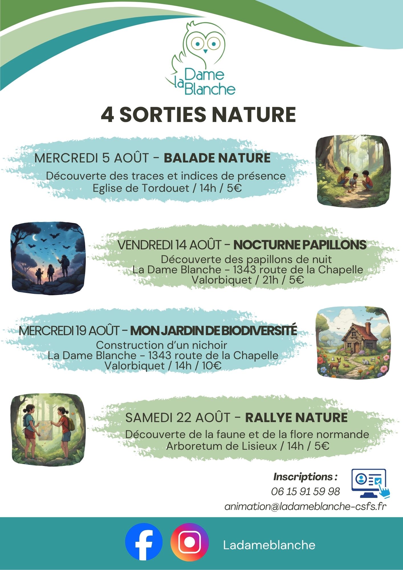 Affiche du programme : 4 sorties nature en août — balade nature le 5 août, nocturne papillons le 14 août, mon jardin de biodiversité le 19 août, rallye nature le 22 août